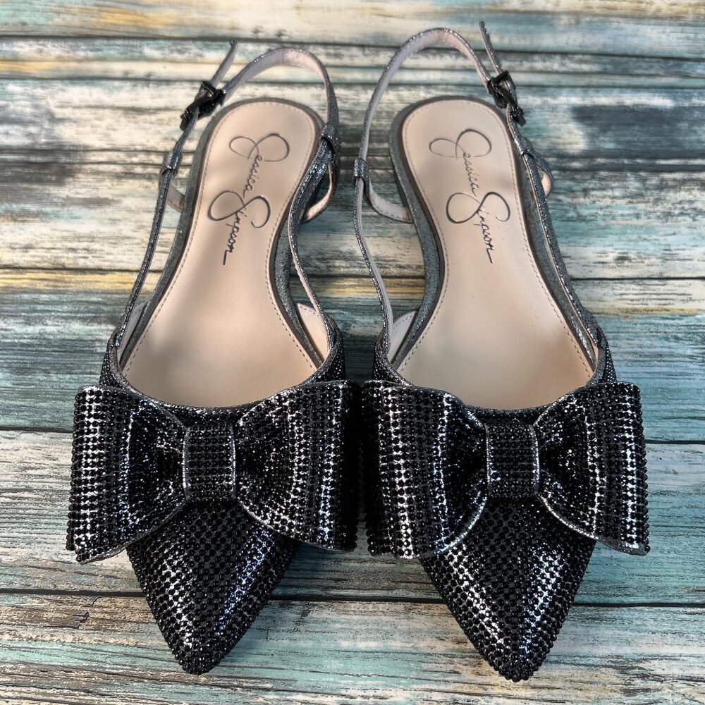 Jessica Simpson Cawny Slingback Bow Flats Womens 7M Black Rhinestone Dress Shoes